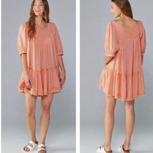 Free People Mystery Land Tunic Dress Small Peach Gauze Boho Tiered Mini Dress